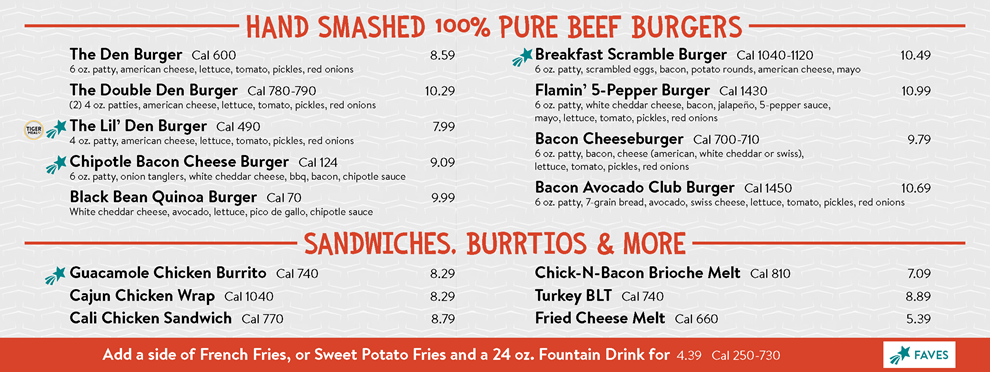 The Den Burgers Menu