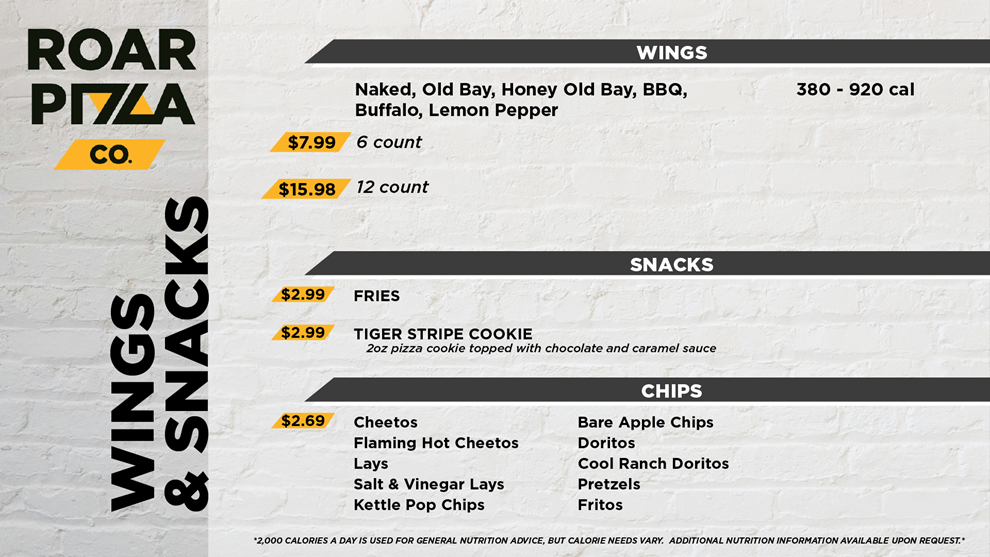 roar pizza wing menu