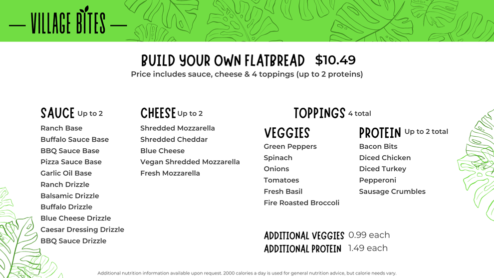 Village Bites BYO Flatbread menu